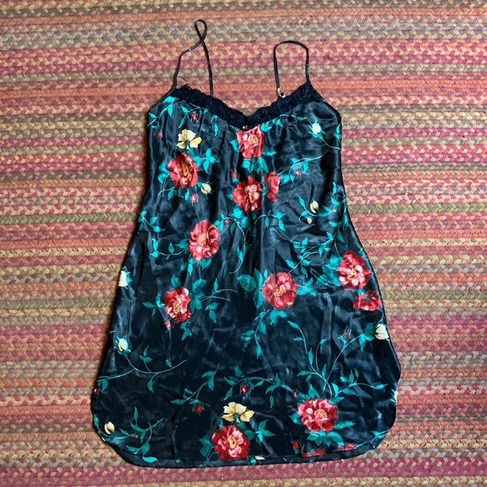 VINTAGE DELICATES BLACK FLORAL SATIN LINGERIE SLIP DRESS - Picture 1 of 5